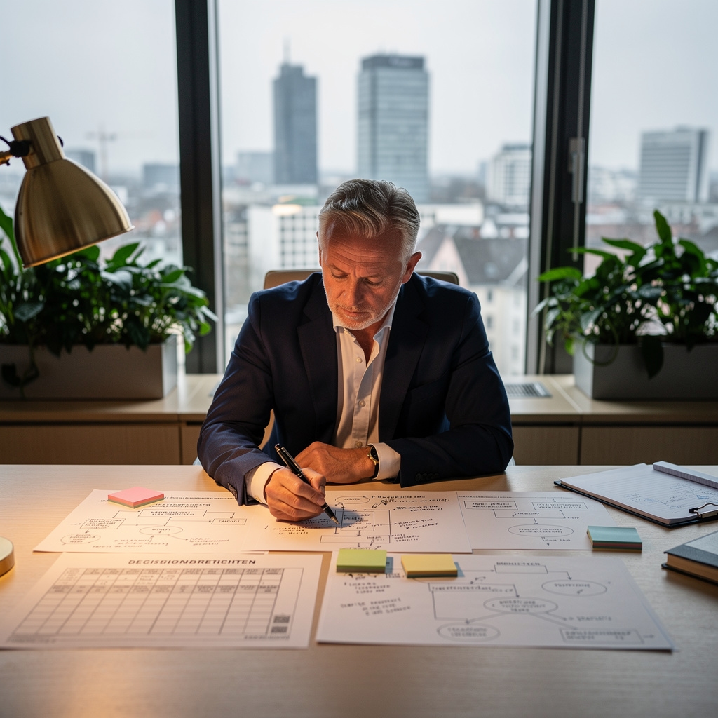 Expertin analysiert Entscheidungsrahmen an einem Arbeitstisch