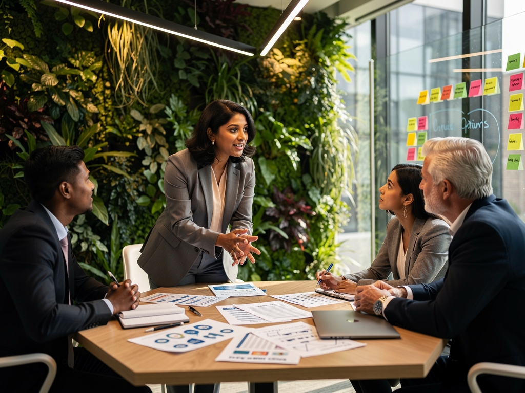 Gruppe diskutiert gemeinsam über Entscheidungsszenarien im Workshop